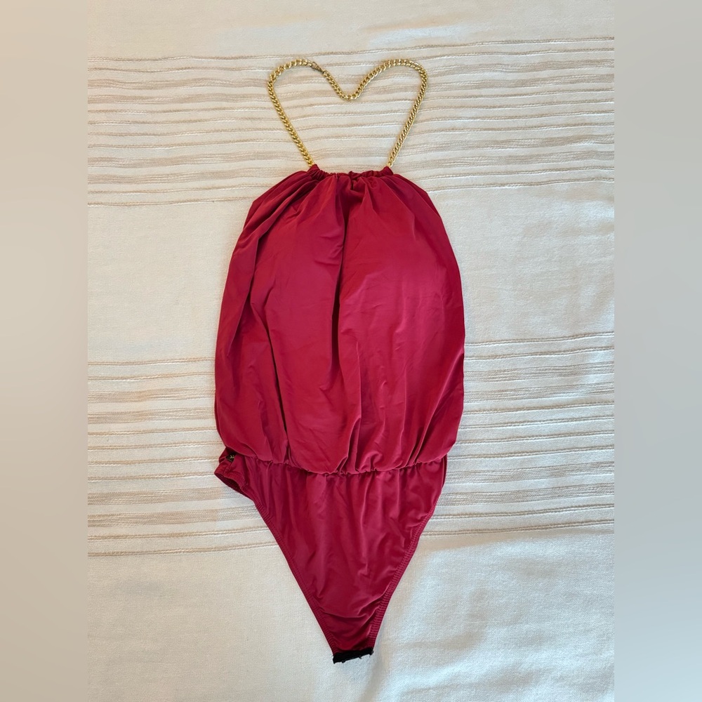 Burgundy Chain Strap Draped Bodysuit – Size M